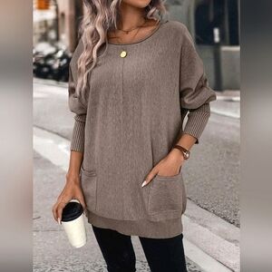 NEW Chic Split Seam Knit Sweater Top Pockets Brown